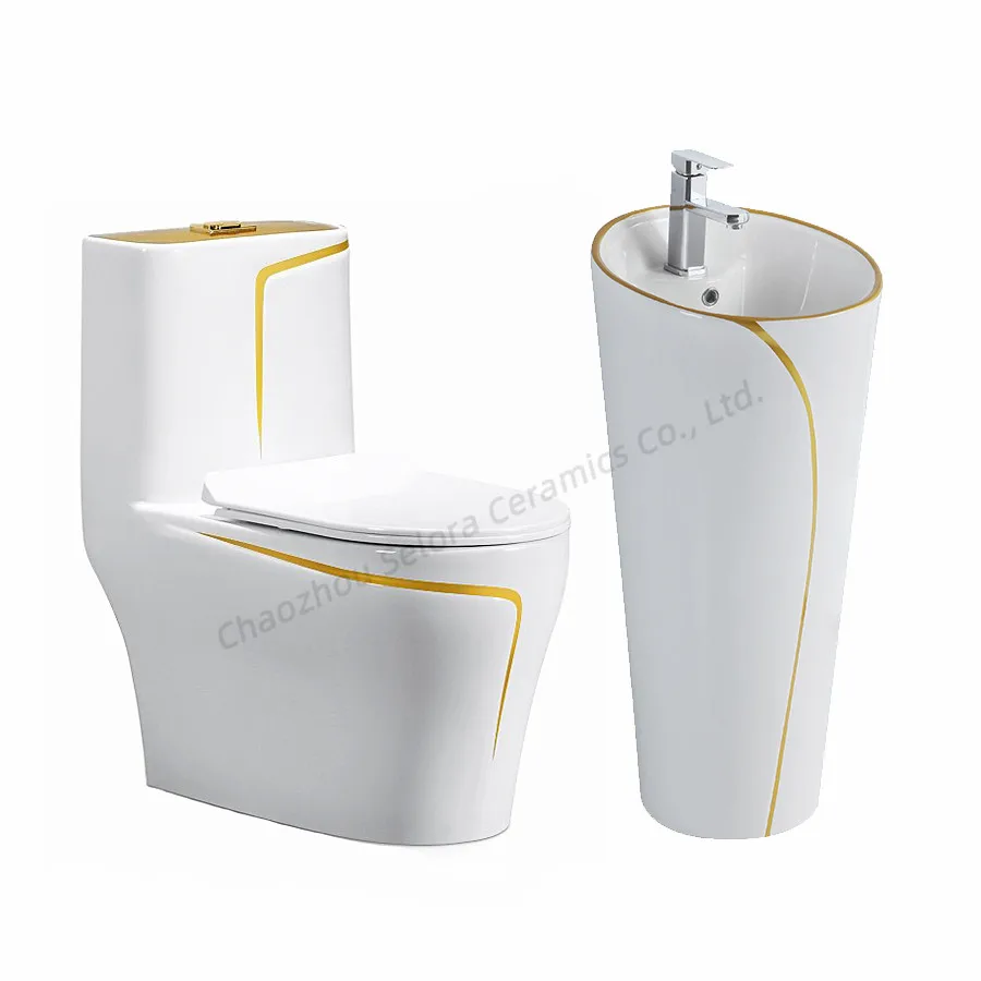 Golden Luxury Bathroom Sanitary Ware Suite Wc One Piece Ceramic Commode Basin Toilet Bowl Gold Toilet With Pedestal Sink Set