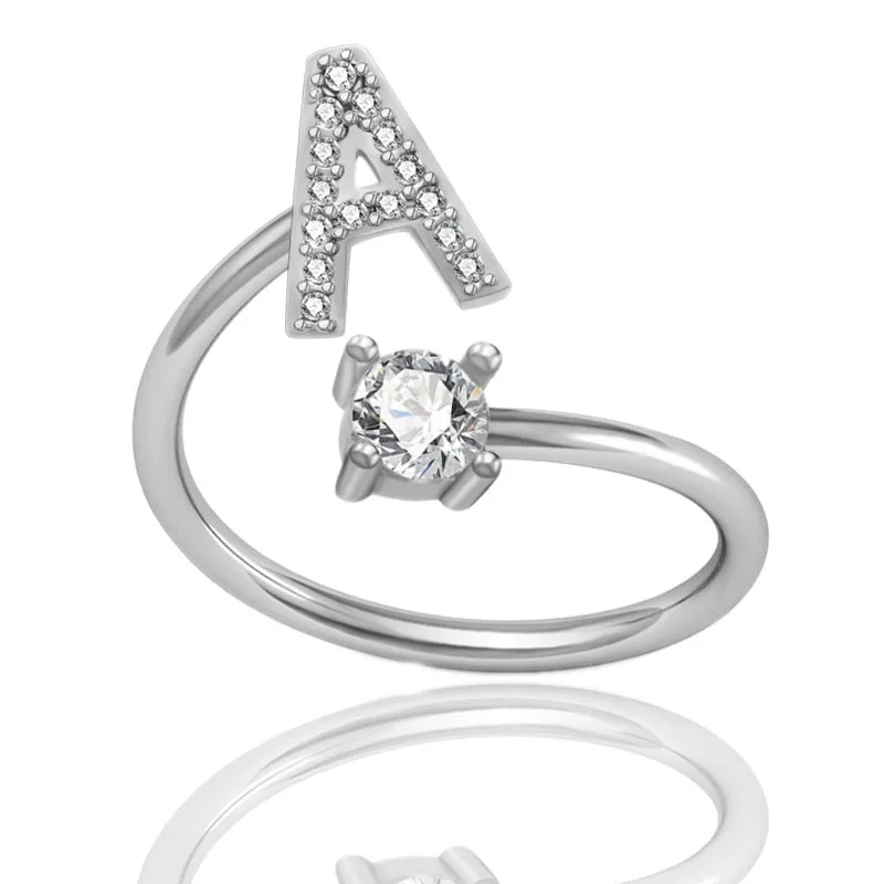 New A Z Letter Adjustable Gold Rings Women Silver Zircon Initial Ring Women Jewelry Creative Opening Diamond Initial Rings
