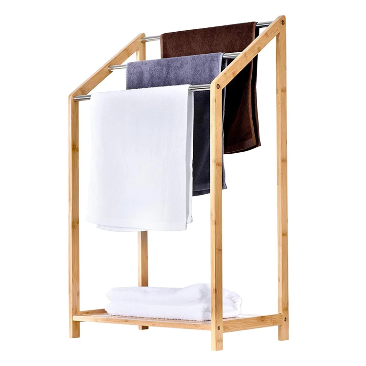 Modern Household Bamboo Bath Accessory Stand Convenient Ladder Towel Rack Clothes Holder with Storage Function for Bathroom Use