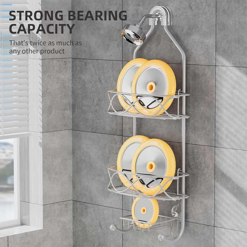 Low MOQ Rustproof Bathroom Shower Room Shelf Organizer Shower Caddy Over Shower Head with Soap Holder and Hooks