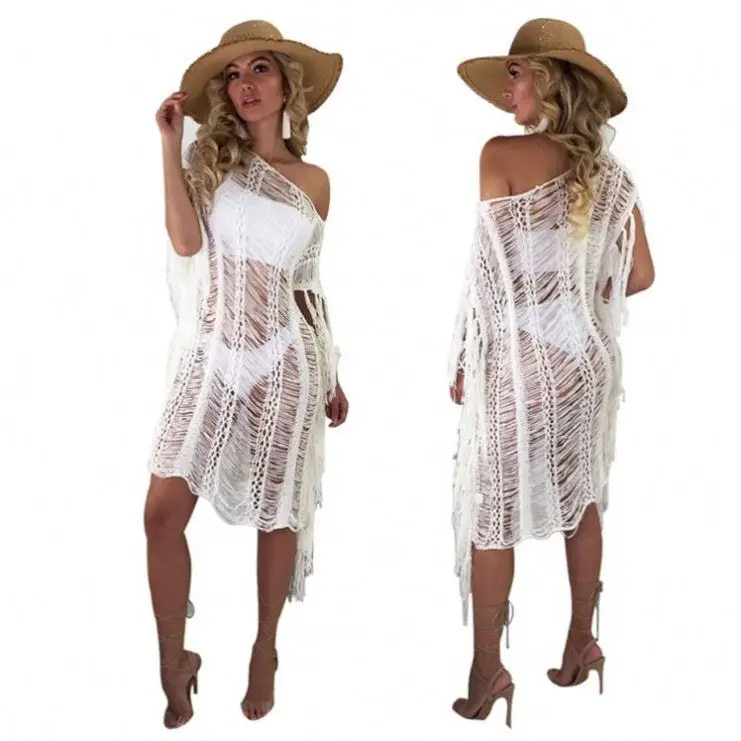 
Summer Knitted Crochet Beach Dress Women Swimwear Bikini Cover Up Sexy Hollow Out Tassel Long Sleeve Dresses 