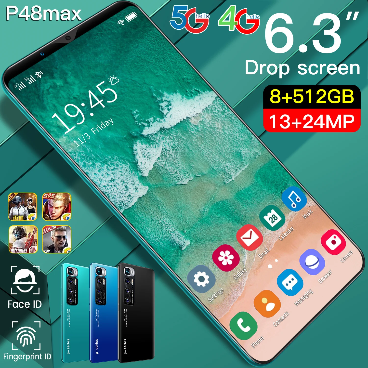 Глобальная версия Марка телефона P48 Max 10-ядерный 6 3» «полный комплект экрана падения 8 + 512 Гб 13MP 24MP уход за кожей лица и отпечатков пальцев разблокированная Android10.0 4800