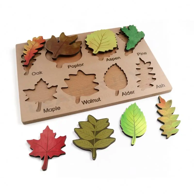 LeaderJoy Nordic Wooden Eco Friendly Toys Wooden Educational Toy Montessori Puzzle Toys With Leavers Shape