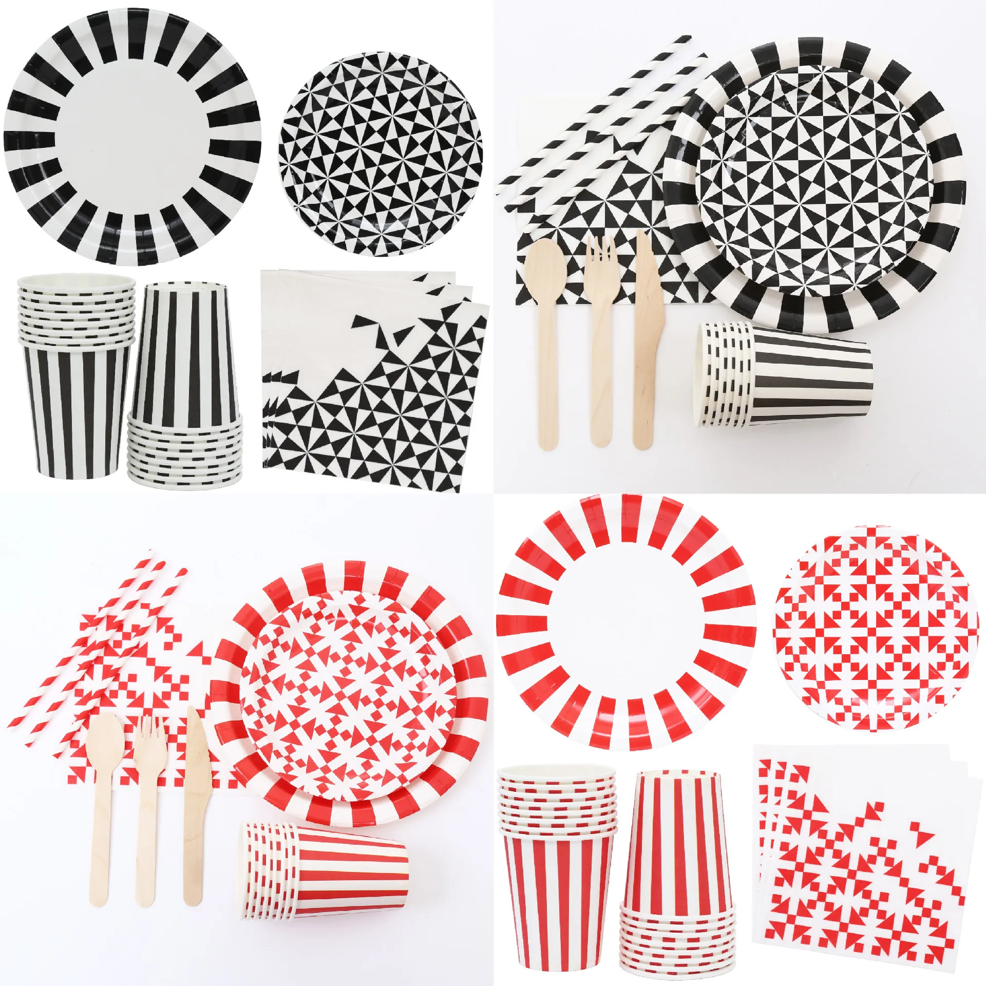 NICE PARTY Universal Black Red Striped Birthday Party Set Decorative Prop Paper Plate Tissue