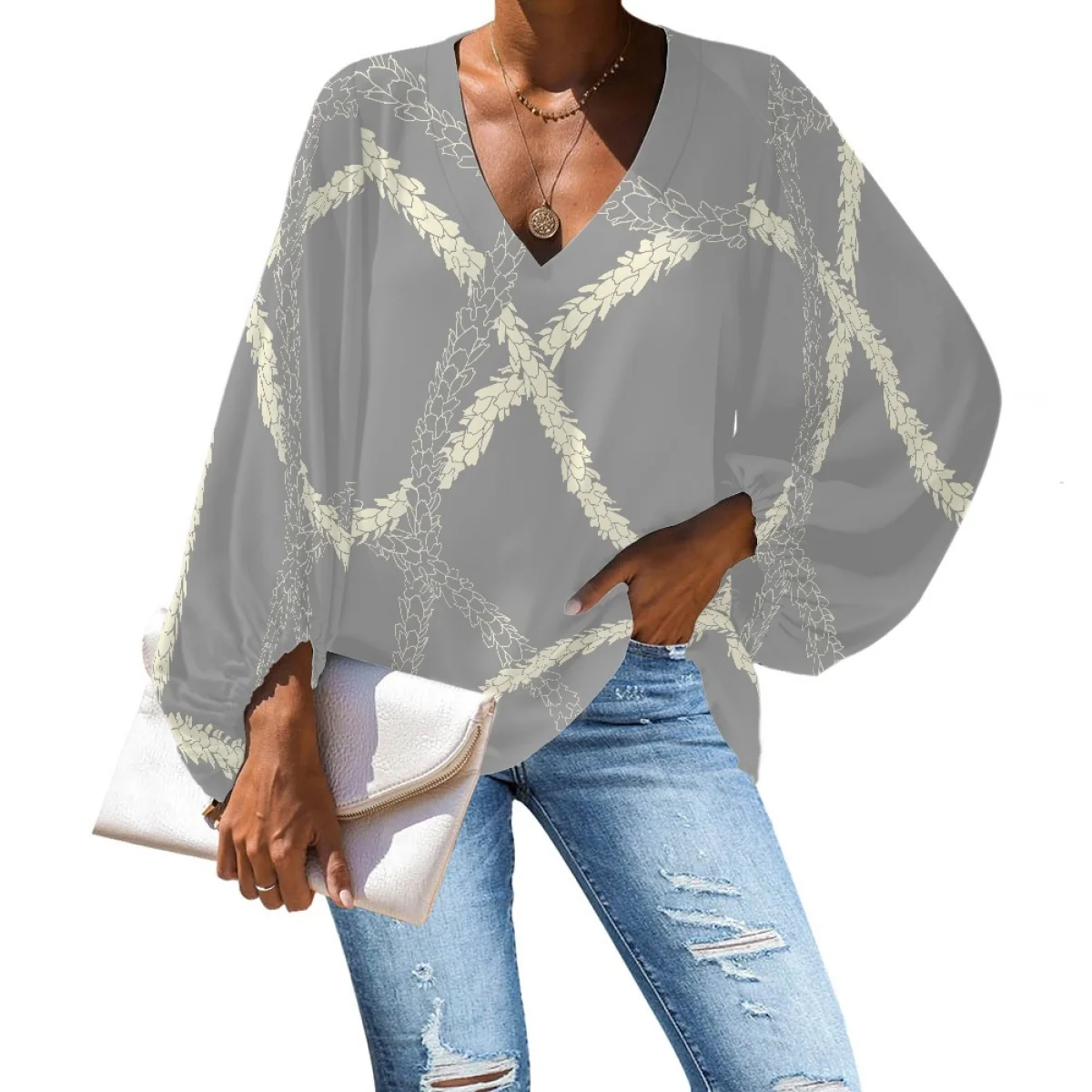 Elegant Long Sleeve Blouse For Women Print On Demand V Neck Plus Size Women Clothing Custom Blank Casual Women Tops And Blouses