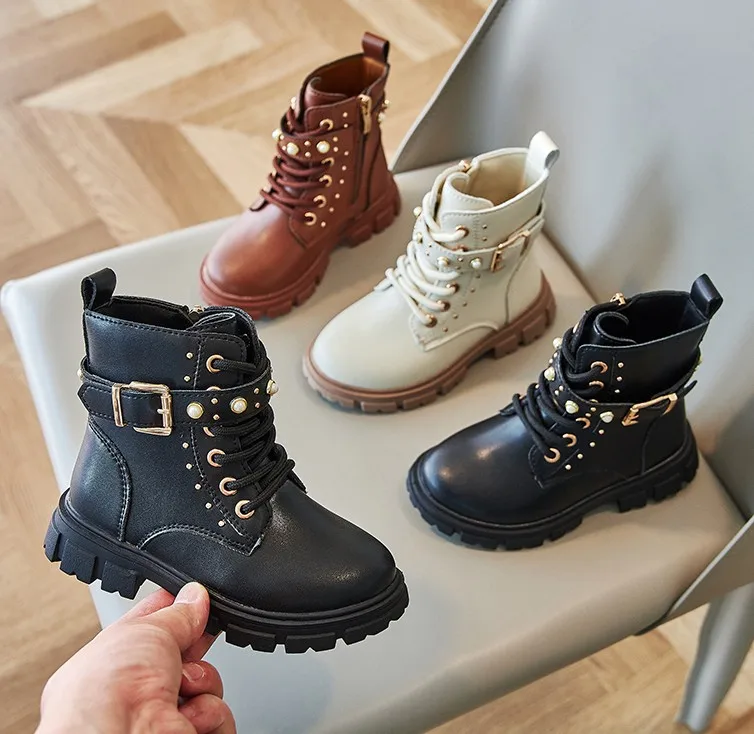 Fashion Lace Up Winter Kids Snow Boots Black Fashion Long Classic Leather Boots Kids Shoes