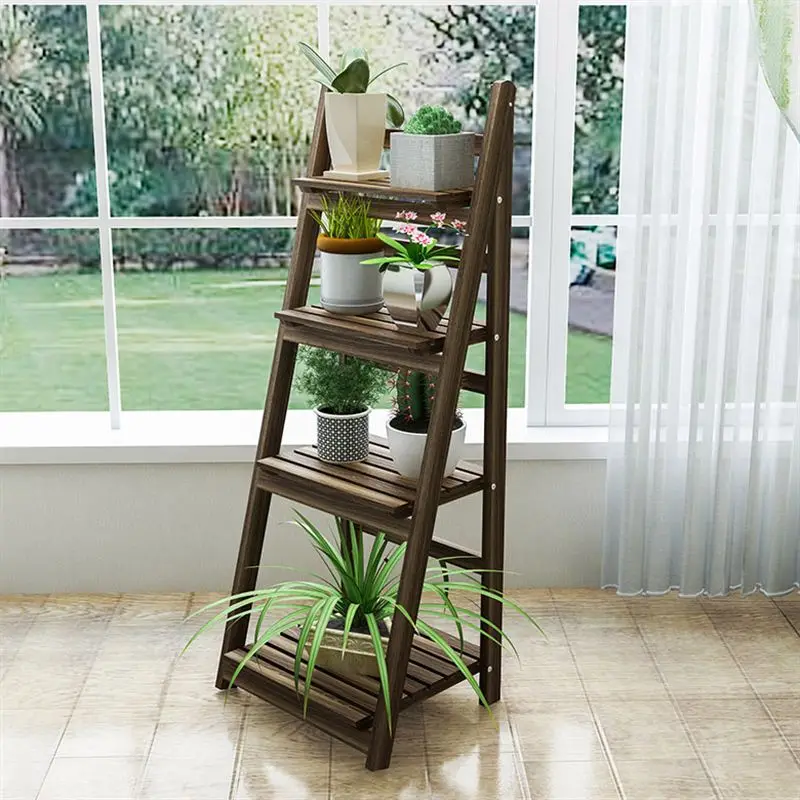 brown retro wooden flower shelf with many layers