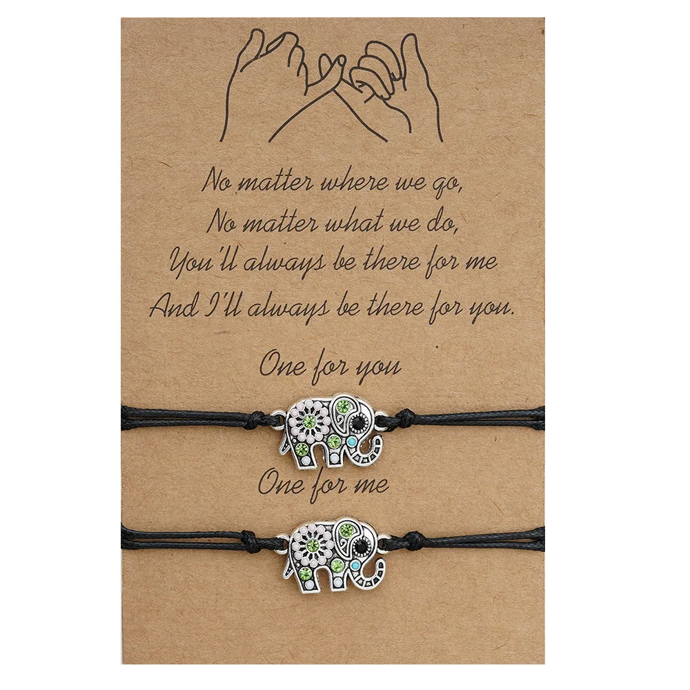 Memory Elephant Charm Black Red String Rope Cord Pinky Swear Promise Couple Bracelets with Make a Wish Card