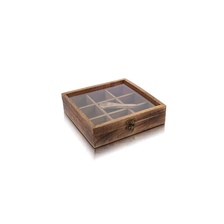 handmade square wood shadow wooden masala spice compartment storage craft box for kitchen