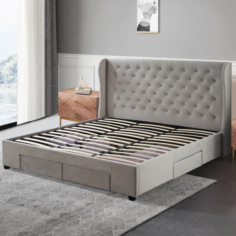 Britanny Custom Modern Beige Queen King Full Size Bed Frame With Storage Drawers Wooden Tufted Upholstered Headboard beds