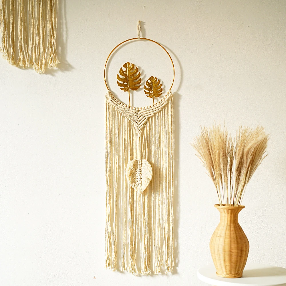 Bohemia Cotton Handmade Decor Hanging Tapestry Metal Shapes Metallic Macrame Dream Catcher Leaf