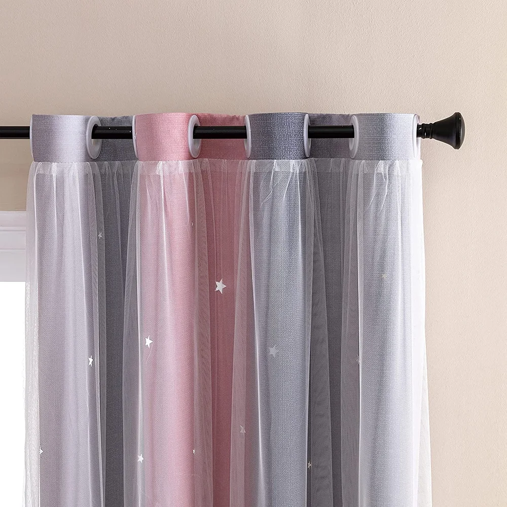 Modern double layers lace blackout curtain  dream star for girl kids living room