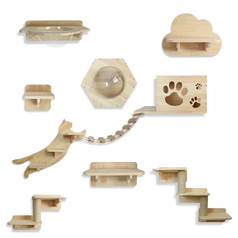 Wholesale High Quality Solid Wood Wall Mounted Cat Scratcher Shelf Cat Hammock Wall Mounted Cat Tree Wall Climbing Frame Pet