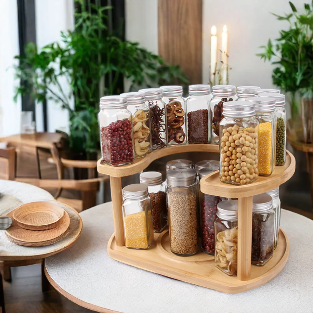 Modern Bamboo 2-Tier Kitchen Lazy Susan Wooden Rotating Tray Turntable Organizer for Plates and Dishes Food Packaging