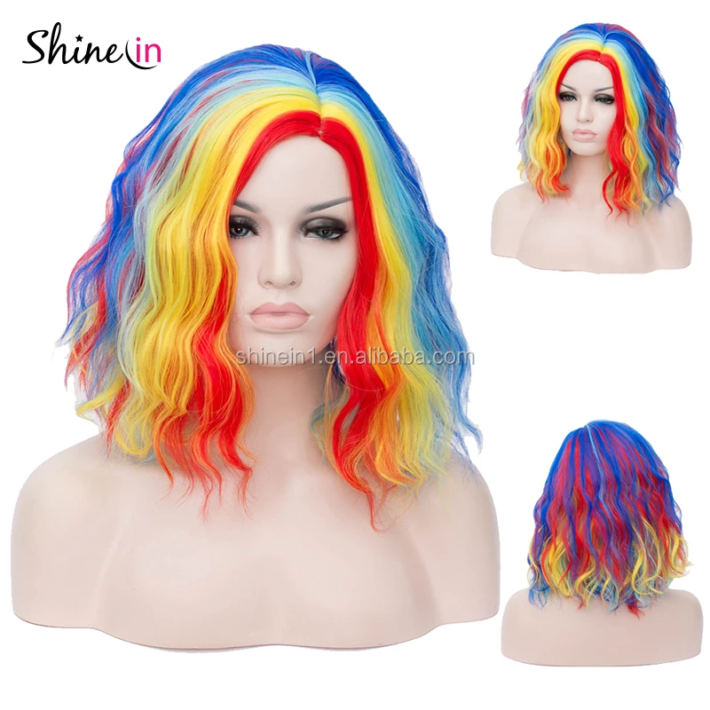 Hot Sale Bob Short Wavy Curly Wig Women Colorful Rainbow Wig For Halloween Cosplay Daily Party
