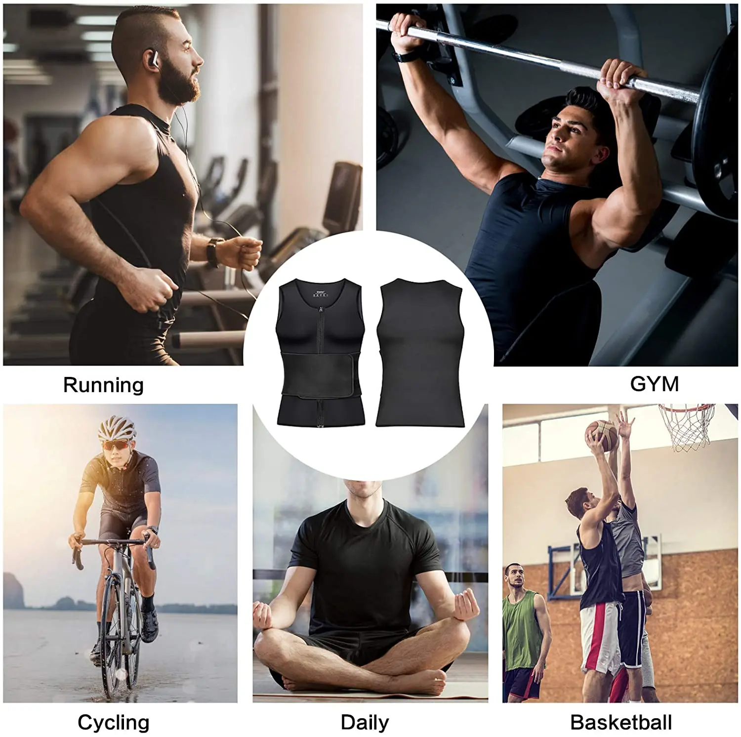 Neoprene Exercise  Slimming Body Shaper Sauna Suit Tank Top with single belt Zipper Waist Trainer Vest for Men