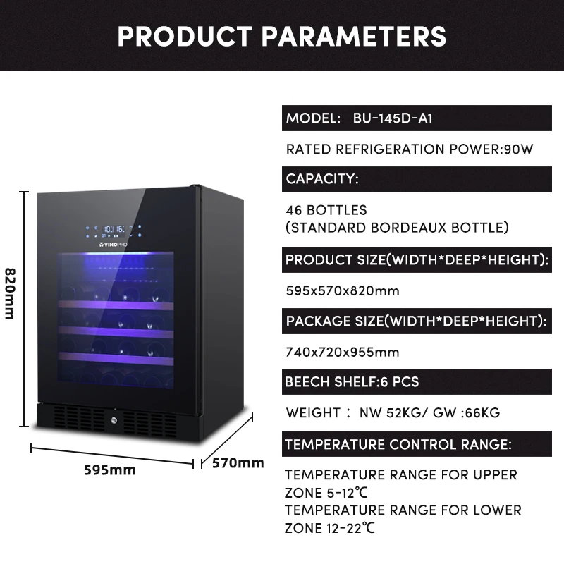 Vinopro OEM Household 135L 46Bottles Wire Shelves Compressor Refrigerator Multi-Function Red Wine Chiller Cellar Cooler