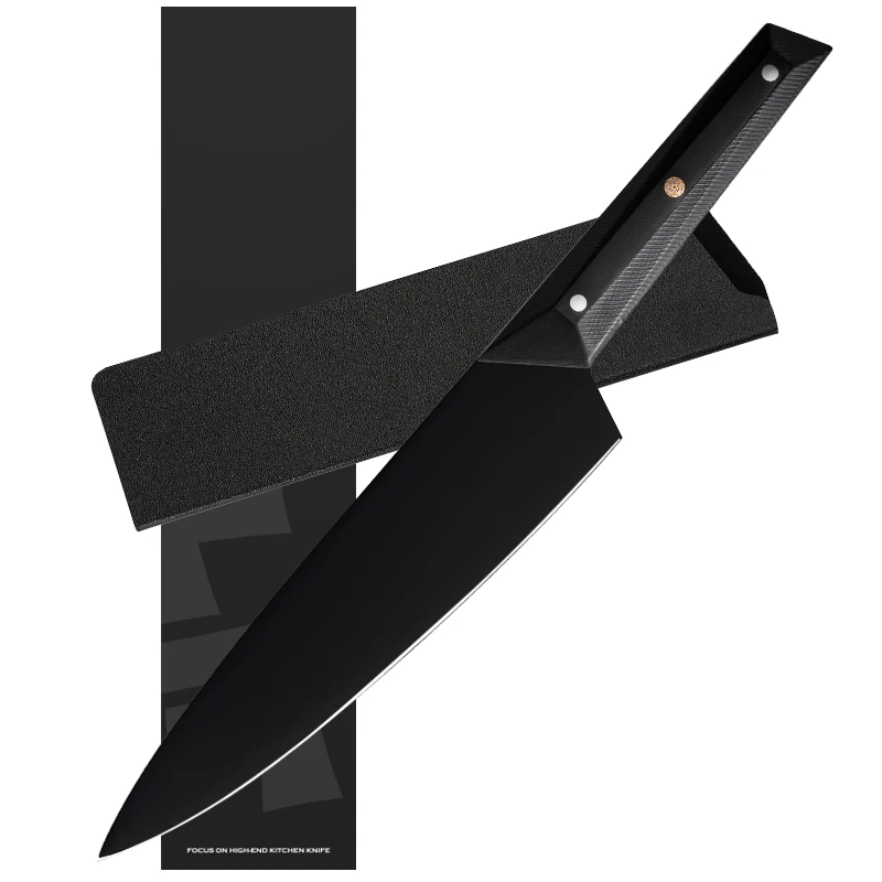 7cr17MOV Stainless Steel Non Stick Black Coating Blade Kitchen Chef Knife With Military Grade G10 Handle