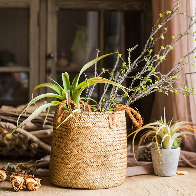 Natural Straw Flower Basket Flower Tube Flower Vessel Vase Storage Basket Decorative American Country Desktop Crafts