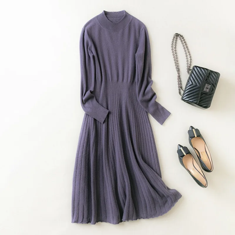 Korea style 100% wool dress long length knitted wear for women