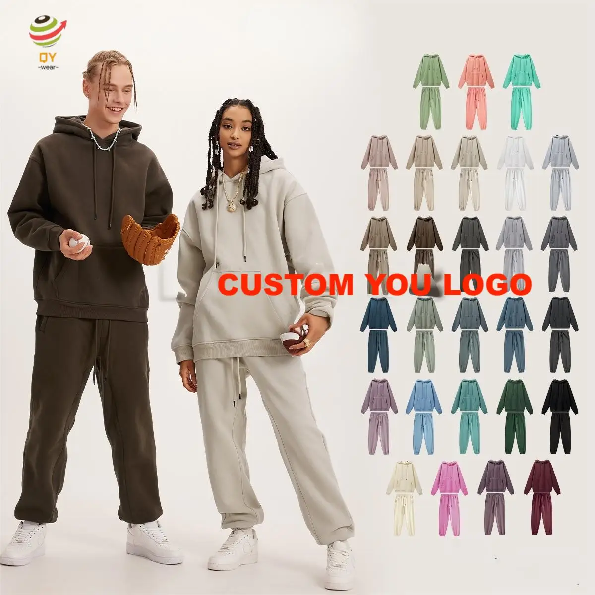 QY9115 Custom logo  Sweat Suits Two Piece Oversized french terry oversized puff print women hoodies set tracksuit