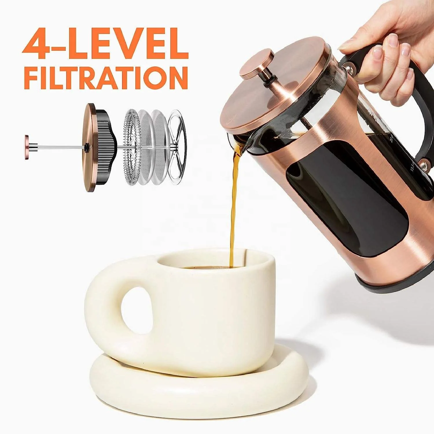 Copper French Press Coffee Tea Maker 304 Stainless Steel Coffee Press, Heat Resistant Thickened Borosilicate Glass