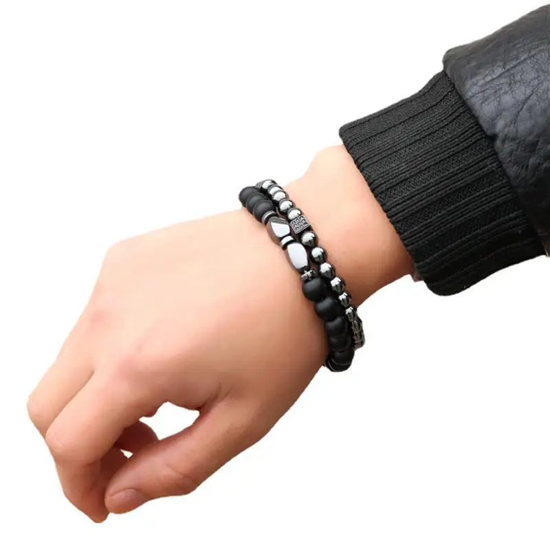 2pcs/set Fashion Natural Black Matte and Hematite stone Bracelet BSB720