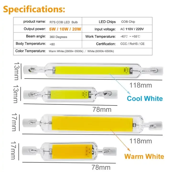 118mm 10W R7S LED Bulb 100W Halogen Equivalent110-140V R7S Warm White 3000K Double Ended Flood Light Landscape Li