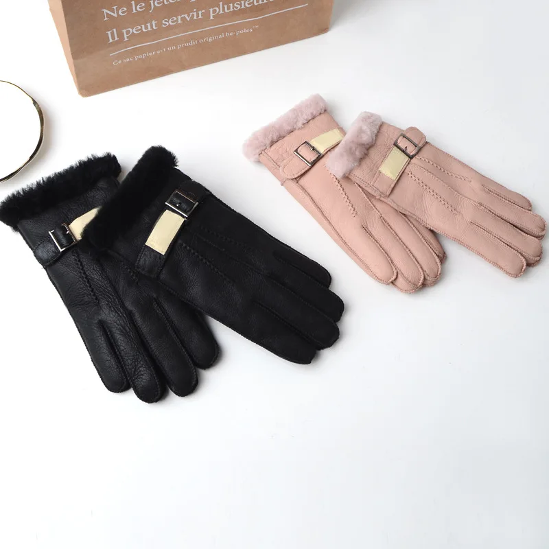 
fashion Five fingers Wool Genuine Leather Sheepskin Sheep Fur Mittens Elegant Warm Female Sheepskin Wool Cycling 