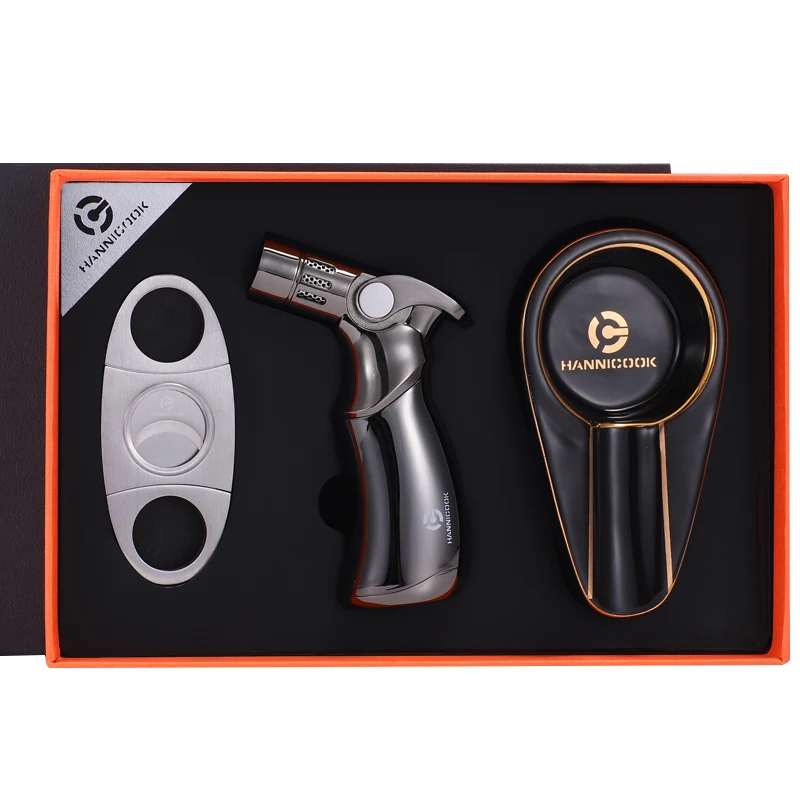 Wholesale custom logo High Quality Custom Cigar Accessories Set Cigar Cutter Lighter 3 Pcs Gift Set for Men cigar gifts set