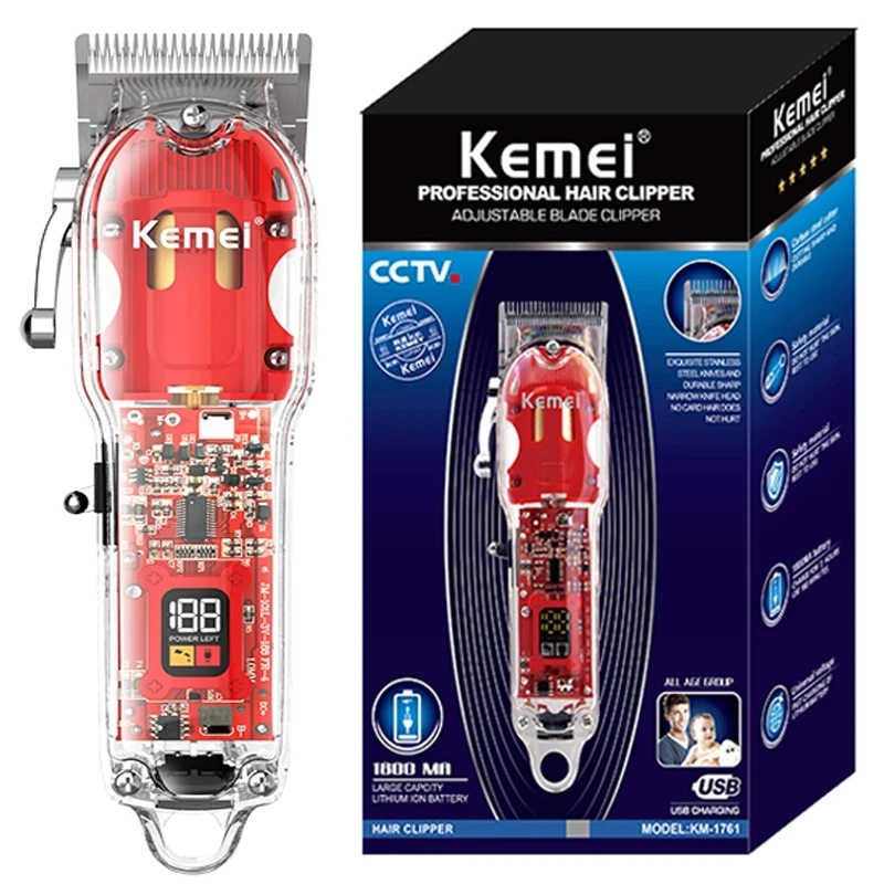 Professional KEMEi KM-1761 Transparent Body Adjustable Knife Head Acrylic Fast Charging High Power Electric Hair Clippers