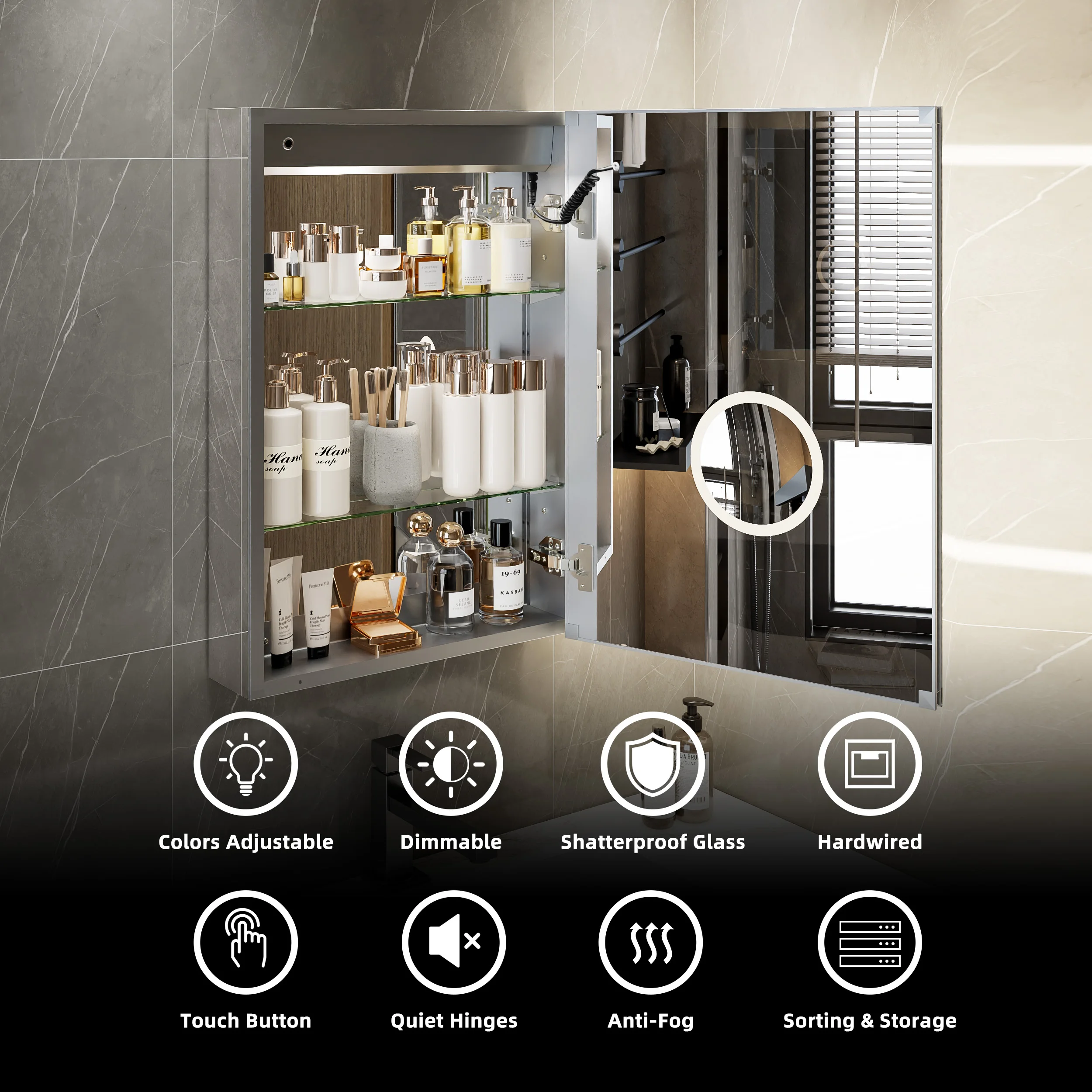 Clock And Temper Display Adjustable Shelves 3-Color Lights Defogger Smart Led  Bathroom Surface Mount Mirror Cabinet