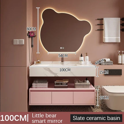 GUCI lovely pink little bear smart mirror bathroom cabinet wall hung mounted sintered stone vanity