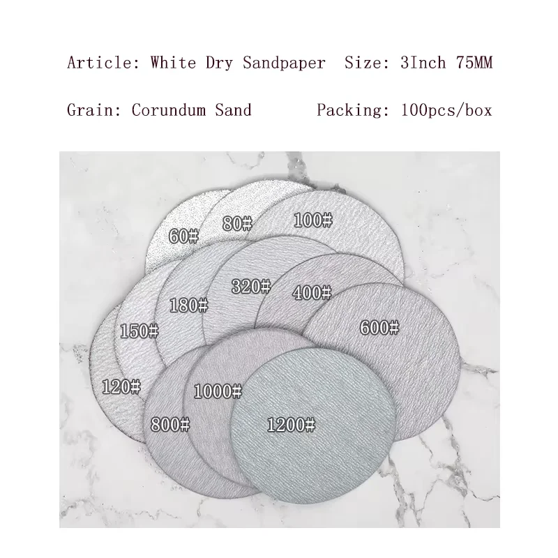 3Inch 75mm Grit 60-1200 White Dry Sandpaper Sand Abrasive Disc Sanding Sheet for Wood Sandpaper Metal Polishing