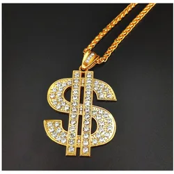 18K Gold Plated Chain with Dollar Sign Pendant Necklace Old School Hip Hop Rotatable Dollar Necklace 80s 90s Rapper Costume Big