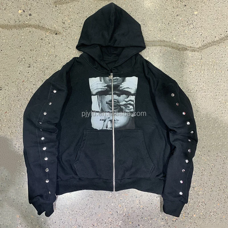 Double Layer Metal Rivet Long Sleeve Boxy Hoodie Heavyweight Cotton Custom Print Streetwear French Terry Zipper Hoddies