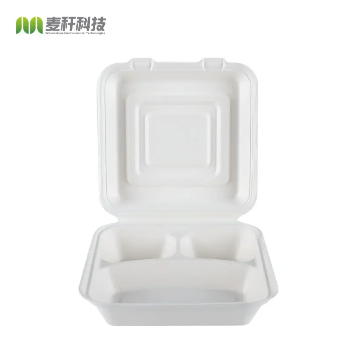 9inch 3 divided Sugarcane pulp clamshell box food bagasse container biodegradable