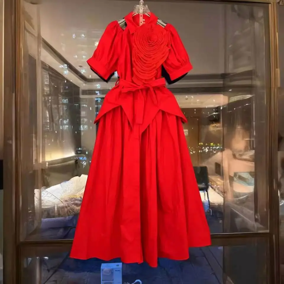 Birthday Party Red Dress Sexy Off-The-Shoulder Hollow-Out Short Sleeve Three-Dimensional Flower Tied Dress Long Dress