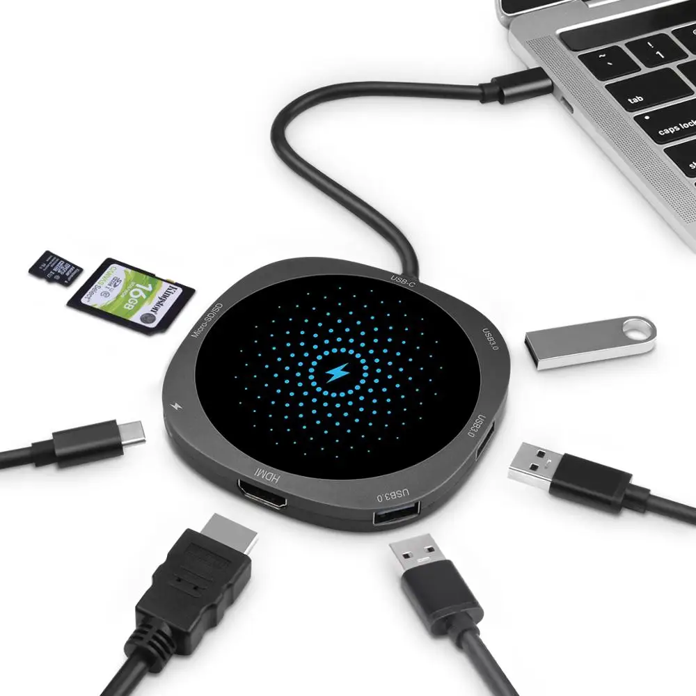 Новый 8 в 1 беспроводной зарядный концентратор (4 к HD + USB3.0 + PD зарядка USB C + Беспроводное зарядное устройство + кардридер концентратор)