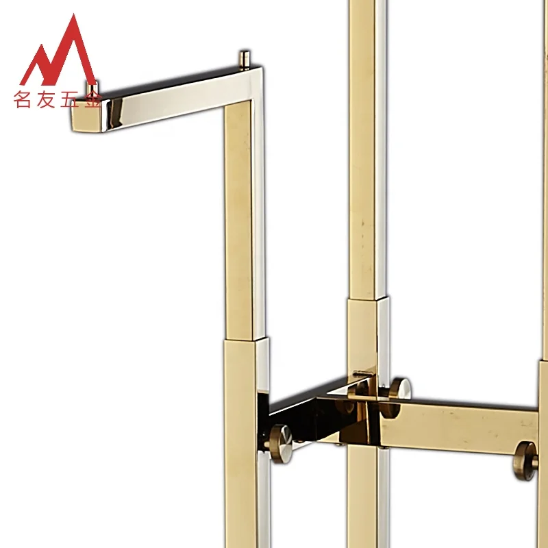 Multifunctional height adjustable golden metal 4 sides clothes display stand