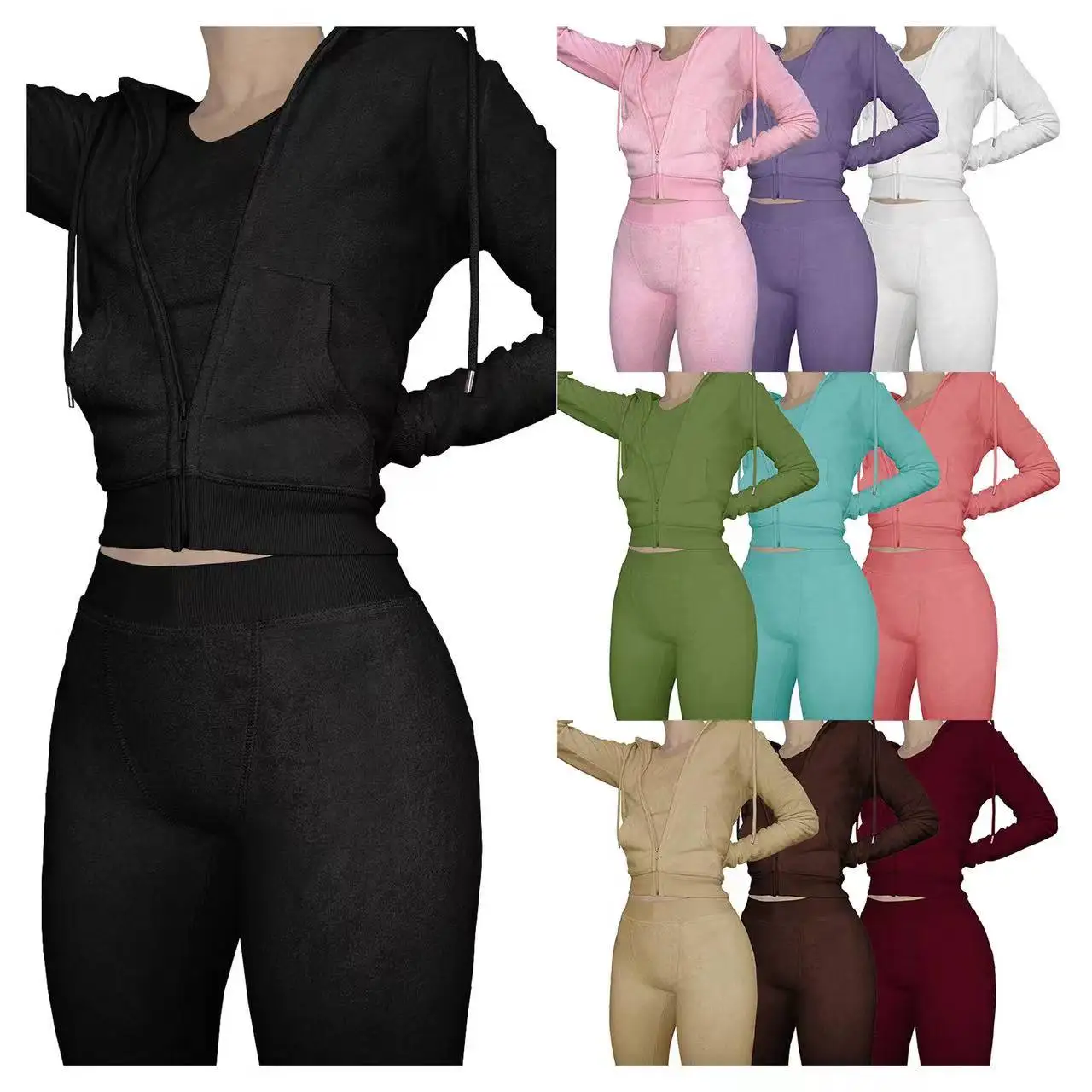 J&H 2023 new arrivals double fleece fabric tracksuits 3 piece set women zipper hoodies tank top pants slim fit fall outfits