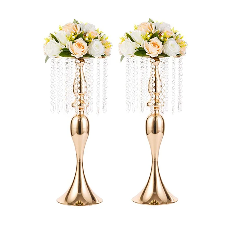 Gold Silver Metal Vase Crystal Arrangement Flower Stand, Tall Crystal Flower Stand Wedding Road Lead Table Centerpieces