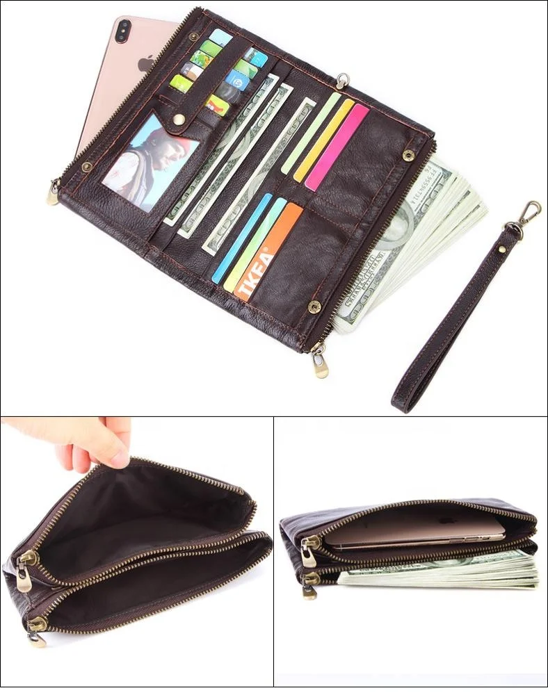 Andong Factory Genuine Leather Long Wallet for Men Top Layer Cowhide Cow Leather Buckle Zipper Purse Clutch Bag Purse