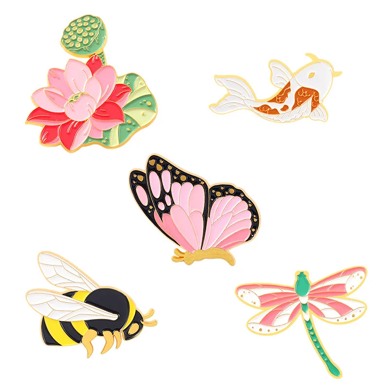 Custom Enamel Animal Pins Dragonfly Butterfly Bee Koi Lotus Exquisite Lapel Pin Independent Packaging Wholesale for Caps