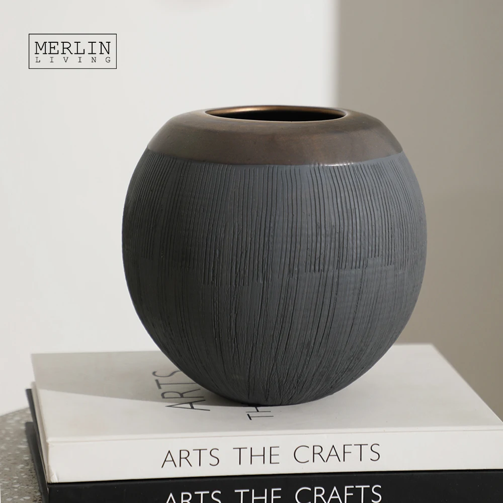 Merlin Living vintage metal copper glazed plating pottery vase fluted geometric spherical round home decor for ceramic vase