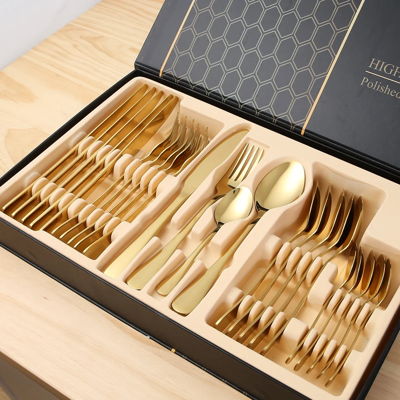 Custom Metal Gold Flatware Stainless Steel Reusable Cutlery 24pcs Set With Box