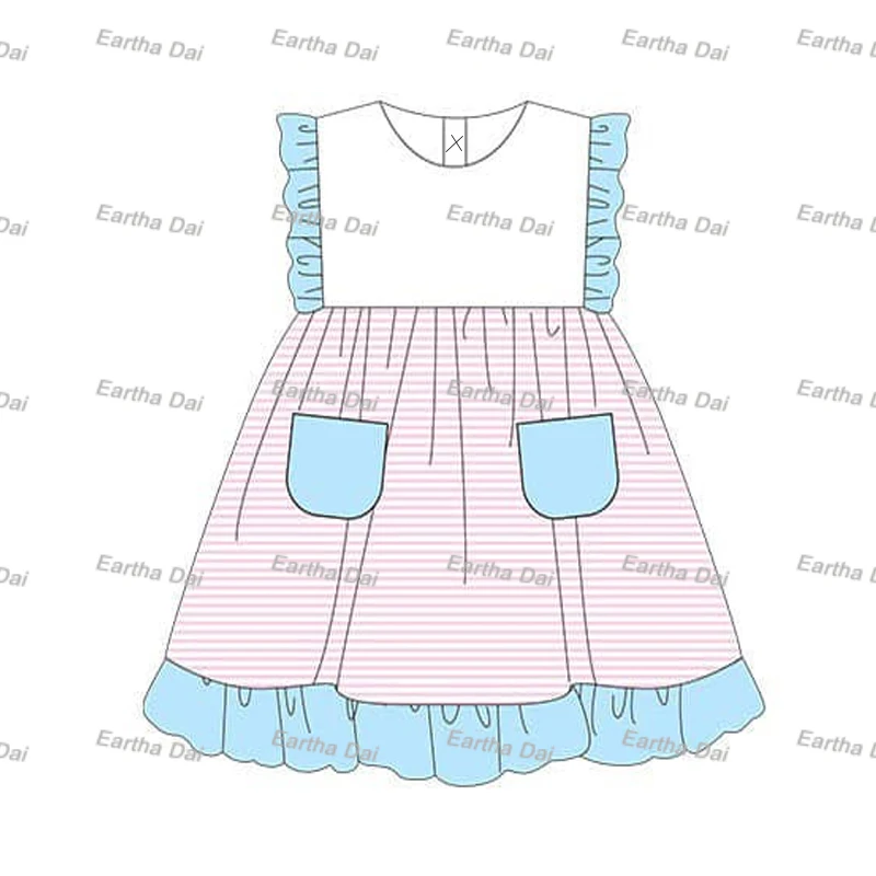 boutique dress for little girl cotton custom ruffle color block summer girls dresses 2-12 children clothing Easter