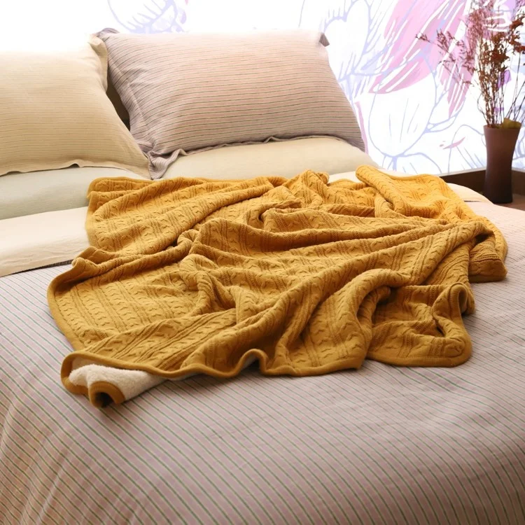 
Wholesale plush fluffy Plain yellow 100% cashmere wool cotton knitted throw blanket for autumn winter 