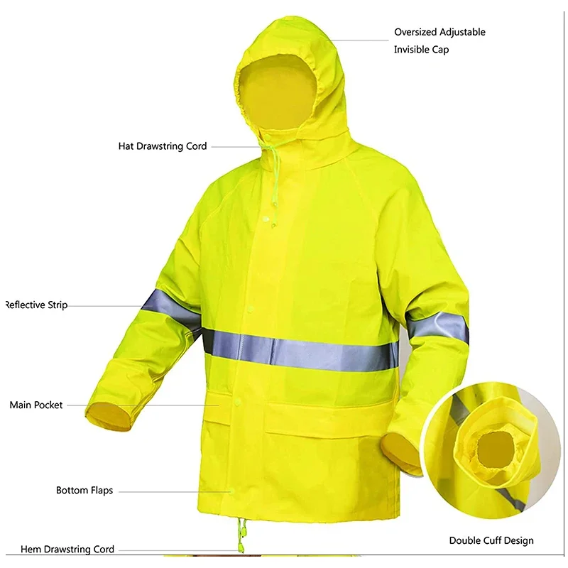 Custom Thick Bikers Fisherman Outdoor Reflective High Visibility Hooded Waterproof Safety Outwear Rainwear Rain Coat Jacket