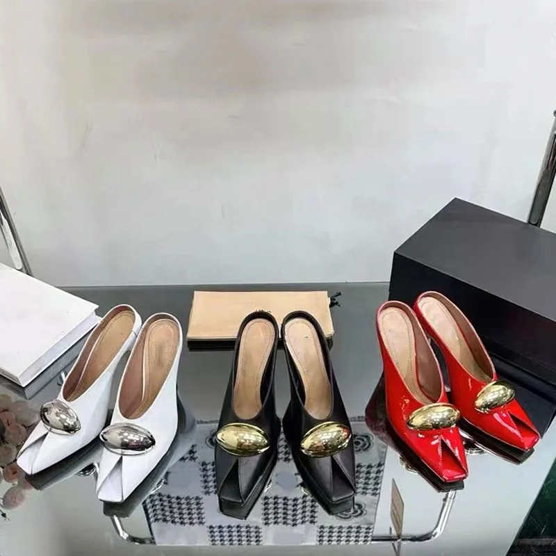 Metal Ornament Women Solid Sandals Hook High Heels Stiletto Dress Shoes Thin High-Heeled Mules Party Peep Toe Slides